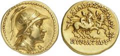 GRIECHEN BAKTRIEN KÖNIGREICH BAKTRIEN. Eukratides I., ca. 171 - 145 v. Chr. AV-Stater (8,43g). Mzst. Baktra. Vs.: Drapierte Panzerbüste mit einem stierhorngeschmückten böotischen Helm n. r. Rs.: BAΣIΛ