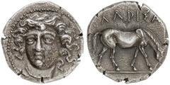 GRIECHEN THESSALIEN LARISSA. Drachme (6,04g). 404 - 370 v. Chr. Vs.: Kopf der Nymphe Larissa mit Stirnband frontal, leicht n.l. gewandt. Rs.: ΛAΡIΣAI, grasendes Pferd n. r. BCD Thessalien 1148; HGC 4,