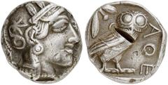 GRIECHEN ATTIKA ATHEN. Tetradrachme (16,91g). 440 - 407 v. Chr. Vs.: Kopf der Athena mit attischem Helm u. Lorbeerkranz n. r. Rs.: AΘE, Eule u. Olivenzweig. Starr Taf. 22 ; Svoronos Taf. 10 ff. ; SNG 