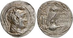 GRIECHEN ATTIKA ATHEN. Tetradrachme des Neuen Stils (16,83g). 136/5 v. Chr. Vs.: Kopf der Athena Parthenos mit reich verziertem Helm n. r. Rs.: A-ΘE /HΡA / AΡI- ΣTOΦ / EΠIΣT / ΓΛ, Eule auf Amphora mit