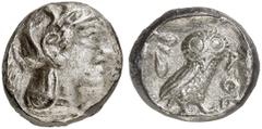 GRIECHEN ATTIKA ATHEN. Drachme (4,13g). 479 - 393 v. Chr. Vs.: Kopf der Athena mit attischem Helm u. Lorbeerkranz n. r. Rs.: AΘE, Eule u. Olivenzweig. Svoronos Taf. 9, 21 ff.; SNG Cop. 41­43. ss