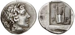 GRIECHEN LYKIEN LYKISCHER BUND. Kragos Hemidrachme (2,02g). 1. Hälfte 1. Jh. v. Chr. Vs.: Apollonkopf mit Lorbeerkranz r. zwischen Λ - U. Rs.: Kithara zwischen K - P. SNG Aul. 4298; Troxell Serie 4.84