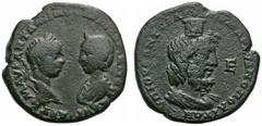 RÖMISCHE PROVINZIALPRÄGUNGEN MOESIA INFERIOR MARKIANOPOLIS Elagabal und Iulia Maesa, 218 - 222 n. Chr. AE (9,69g). 220 - 221 n. Chr. D. Bustes affrontés d'Elagabale, lauré, drapé et cuirassé, à dr. , 
