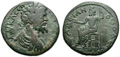 RÖMISCHE PROVINZIALPRÄGUNGEN THRAKIEN HADRIANOPOLIS Septimius Severus, 193 - 211 n. Chr. AE (12,63g). D. Buste lauré, drapé et cuirassé de Septime Sévère à dr. R. Sarapis, coiffé du calathos, trônant,