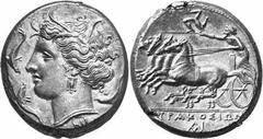SIZILIEN SYRAKUS Objekt-Nr.: 24 Agathokles, 317 - 289 v. Chr. Tetradrachme, (17,06 g.), 2. Periode, ca. 310 - 305 v. Chr. Vs.: Kopf der Arethusa n. l. umgeben von drei Delfinen, unten NK. Rs.: Quadrig