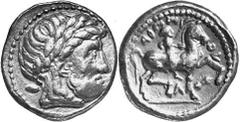 KELTEN MITTLERE UND UNTERE DONAU Nachahmungen der Tetradrachmen und Teilstücke Philipps II. Objekt-Nr.: 1016 Banater Kreis. Lokaltyp Tetradrachme, (13,77 g.), Vs.: Kopf des Zeus mit Lorbeerkranz r. Rs