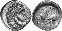 KELTEN MITTLERE UND UNTERE DONAU Nachahmungen der Tetradrachmen und Teilstücke Philipps II. Objekt-Nr.: 1017 Mit liegendem Achter Tetradrachme, (13,99 g.), Vs.: Stilisierter Zeuskopf mit spitzovalen H