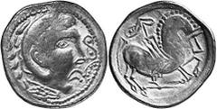 KELTEN MITTLERE UND UNTERE DONAU Nachahmungen der Tetradrachmen und Teilstücke Philipps II. Objekt-Nr.: 1020 Skyphat mit Herakleskopf Tetradrachme, (9,07 g.), Vs.: Stark stilisierter Herakleskopf n. r