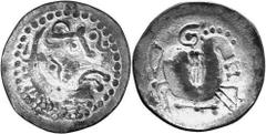KELTEN MITTLERE UND UNTERE DONAU Nachahmungen der Tetradrachmen und Teilstücke Philipps II. Objekt-Nr.: 1022 Skyphat mit Herakleskopf Tetradrachme, (11,80 g.), Vs.: Stark stilisierter Herakleskopf n. 