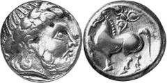 KELTEN MITTLERE UND UNTERE DONAU Nachahmungen der Tetradrachmen und Teilstücke Philipps II. Objekt-Nr.: 1026 Unbekannter Typus mit Rosette. Tetradrachme, (11,30 g.), Vs.: Stilisierter Kopf des Zeus mi
