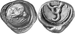 GRIECHEN LYKIEN UNBESTIMMTER DYNAST Objekt-Nr.: 1435 Stater (9,91 g.), 460 / 440 v. Chr. Mzst. unbestimmt. Vs.: Nach l. abhebender Pegasos auf Rundschild. Darunter Punkt. Rs.: Triskeles in rundem Incu