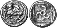 GRIECHEN LYKIEN DYNASTEN Objekt-Nr.: 1438 Kuprilli Tetrobol, (2,94 g.), 470 / 440 v. Chr. Mzst. unbest. Vs.: Geflügelte Ziege n. l. Davor Triskeles. Rs.: "koprlli", Triskeles in quadratischem Incusum 