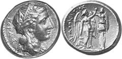 GRIECHEN SIZILIEN SYRAKUS Objekt-Nr.: 1157 Agathokles, 317 - 289 v.Chr. Tetradrachme, (17,23 g.), 3. Periode, ca. 305 - 295 v.Chr. Vs.: KORAS, Kopf der Kore n. r. Rs.: AGAQOKLEIOS, Nike errichtet Trop