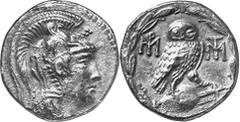 GRIECHEN ATTIKA ATHEN Objekt-Nr.: 1436 Tetradrachme des Neuen Stils (16,34 g.), 86 - 84 v. Chr. Vs.: Kopf der Athena mit attischem Helm nach r. Rs.: A-QE, Eule auf Amphora zwischen zwei Monogrammen. T