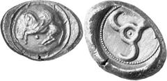 GRIECHEN LYKIEN Unbestimmt. Objekt-Nr.: 1574 Stater (9,89 g.), 460 / 440 v. Chr. Mzst. unbestimmt. Vs.: Nach l. abhebender Pegasos auf Rundschild. Darunter Punkt. Rs.: Triskeles in rundem Incusum. Tra