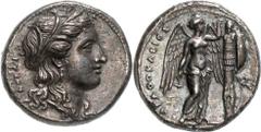 GRIECHEN SIZILIEN SYRAKUS Objekt-Nr.: 62 Agathokles, 317 - 289 v.Chr. Tetradrachme, (15,53 g.), 3. Periode, ca. 305 - 295 v.Chr. Vs.: KORAS, Kopf der Kore n. r. Rs.: AGAQOKLEIOS, Nike errichtet Tropai