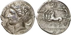 GRIECHEN SIZILIEN. SYRAKUS. Agathokles, 317 - 289 v.Chr. Tetradrachme (17,12g). Circa 310 - 304 v. Chr. Vs.: Kopf der Arethusa mit Schilfkranz, Ohrring und Perlenkette n. l., von drei Delfinen umspiel