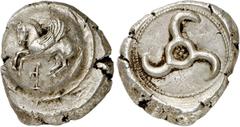 GRIECHEN LYKIEN. DYNASTEN. Khinakha (?) Stater (9,74g). 470 / 440 v. Chr. Mzst. unbestimmt. Vs.: Nach l. abhebender Pegasos auf Rundschild, zwischen den Beinen Zeichen. Rs.: Triskeles in rundem Incusu