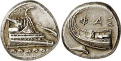 GRIECHEN LYKIEN. PHASELIS. Stater (10,40g). 4. Jh. v. Chr. Vs.: Prora auf Wellenkamm n. r. fahrend, davor ein Delfin. Rs.: ΦΑΣ, Schiffsheck n. r., darunter ein Delfin schwimmend. Heipp-Tamer Serie 6 (