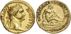 RÖMER RÖMISCHE KAISERZEIT. Domitian, 81 - 96 n. Chr. Aureus (7,71g). 90 - 91 n. Chr. Mzst. Rom. Vs.: DOMITIANVS AVGVSTVS, Kopf mit Lorbeerkranz n. r. Rs.: GERMANICVS COS XV, trauernde Germania sitzt a
