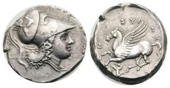 GRIECHEN SIZILIEN SYRAKUS Agathokles, 317 - 289 v.Chr. Agathokles, 317 - 289 v.Chr. Stater (8.32g). 317 - 310 v. Chr. Vs.: Kopf der Athena mit korinthischem Helm mit Pegasos auf dem Helmkessel n. r. R
