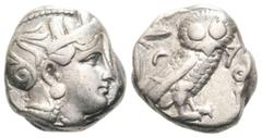 GRIECHEN ATTIKA ATHEN Tetradrachme (16.91g). 286/5 - 280/267 v. Chr. Vs.: Kopf der Athena (mit seitlich gesehenem Auge) mit attischem Helm n. r. Rs.: ΑΘΕ, Eule steht n. r., Kopf in Vorderansicht, im F