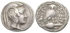 GRIECHEN ATTIKA Athen Tetradrachme des Neuen Stils (16.29g). 158/7 v. Chr. Vs.: Kopf der Athena mit attischem Helm n. r. Rs.: Α-ΘΕ, Eule auf Amphora, Beamte: ΜΟ/ΣΞΙ, ΕΠΙ/ΓΕΝΗ, ΣΩΣΑΝ/ΔΡΟΣ; auf der Amph