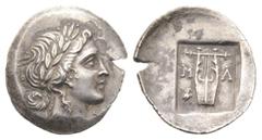 GRIECHEN LYKIEN LYKISCHER BUND Masikytes Masikytes Hemidrachme (1.76g). 1. Hälfte 1. Jh. v. Chr. Vs.: Apollonkopf mit Lorbeerkranz r. Rs.: Kithara zwischen Μ-Α, links Eule. Troxell 98. Herrliche Tönun