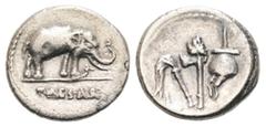 RÖMER RÖMISCHE REPUBLIK RÖMISCHE REPUBLIK NACH 211 V. CHR C. Iulius Caesar, 49 - 48 v. Chr. C. Iulius Caesar, 49 - 48 v. Chr. Denar (3.59g). Mzst.mit Caesar ziehend. Vs.: Elephant mit erhobenem Rüssel