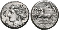GRIECHEN SIZILIEN. SYRAKUS. Agathokles, 317 - 289 v.Chr. Tetradrachme (16,40g). Circa 310 - 304 v. Chr. Vs.: Kopf der Arethusa mit Schilfkranz, Ohrring und Perlenkette n. l., von drei Delfinen umspiel