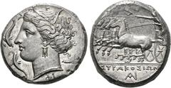 GRIECHEN SIZILIEN. SYRAKUS. Agathokles, 317 - 289 v.Chr. Tetradrachme (17,20g). Circa 310 - 304 v. Chr. Vs.: Kopf der Arethusa mit Schilfkranz, Ohrring und Perlenkette n. l., von drei Delfinen umspiel