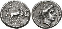 GRIECHEN SIZILIEN. SIKELOPUNIER. Tetradrachme (16,78g). ca. 360 - 330 v. Chr. Mzst. Lilybaion. Vs.: Wagenlenker mit Treibstab Quadriga im Galopp n. r. führend, darüber Nike n. l. fliegend u. den Lenke