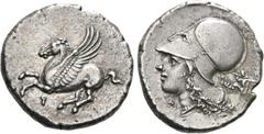 GRIECHEN CORINTHIA. KORINTH. Stater (8,53g). 345 - 307 v. Chr. Vs.: Pegasos n. l. fliegend, darunter Koppa. Rs.: Kopf der Athena mit korinthischem Helm n. l., l. u. r. vom Hals A-P, r. Triton. Calciat