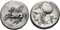 GRIECHEN CORINTHIA. KORINTH. Stater (8,37g). 345 - 307 v. Chr. Vs.: Pegasos n. l. fliegend, darunter Koppa. Rs.: Kopf der Athena mit korinthischem Helm n. l., l. u. r. vom Hals Δ-Ι, r. Zeus mit Blitzb
