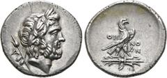 GRIECHEN LYKIEN. OINOANDA. Didrachme (8,25g). Circa 200 v. Chr. Vs.: Kopf des Zeus mit Lorbeerkranz n.r., dahinter A u. Lotuskopfzepter. Rs.: Adler steht auf geflügeltem Blitzbündel n.r., OI-NO/AN. R.