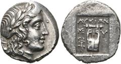 GRIECHEN LYKIEN. LYKISCHER BUND. Myra Drachme (2,98g). 167 - 100 v. Chr. Vs.: Kopf des Apollon mit Lorbeerkranz n. r. Rs.: ΛΥΚΙΩΝ / Μ-Υ, Kithara des Apollon, links im Feld geflügeltes Kerykeion, das G