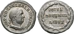 RÖMER RÖMISCHE KAISERZEIT. Balbinus, 238 n. Chr. Denar (3,06g). Mzst. Rom. Vs.: IMP C D CAEL BALBINVS AVG, drapierte Panzerbüste mit Lorbeerkranz n. r. Rs.: Im Lorbeerkranz VOTIS / DECENNA/LIBVS. RIC 
