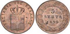 EUROPA GRIECHENLAND. MYTILENE. Otto I., 1832-1862. 5 Lepta 1839, Athen. Divo 21f. KM 16. 6,39 g. Prachtexemplar von feinster Erhaltung. St