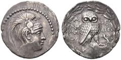 GRIECHEN ATTIKA. ATHEN. Tetradrachme des Neuen Stils (16,24g). 148/47 v. Chr. Vs.: Kopf der Athena mit attischem Helm n. r. Rs.: Α-ΘΕ, Eule auf Amphora, Beamte: ΑΜ/ΜΩ, ΔΙΟ; im Feld l. EY und r. Füllho