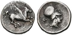 GRIECHEN CORINTHIA. KORINTH. Stater (8,07g). 405 - 345 v. Chr. Vs.: Pegasos n. r. fliegend, darunter Koppa. Rs.: Kopf der Athena mit korinthischem Helm n. r., dahinter Schlange. Calciati 222; BCD Kori