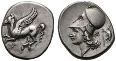 GRIECHEN CORINTHIA. KORINTH. Stater (8,51g). 345 - 307 v. Chr. Vs.: Pegasos n. l. fliegend, darunter Koppa. Rs.: Kopf der Athena mit korinthischem Helm n. l., dahinter N und behelmter Ares mit Lanze u