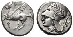 GRIECHEN CORINTHIA. KORINTH. Stater (8,53g). 345 - 307 v. Chr. Vs.: Pegasos n. l. fliegend, darunter Koppa. Rs.: Kopf der Athena mit korinthischem Helm mit Lorbeerzweig n. l., dahinter Pflug, darunter