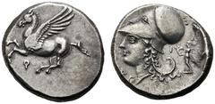 GRIECHEN CORINTHIA. KORINTH. Stater (8,53g). 345 - 307 v. Chr. Vs.: Pegasos fliegt n. l., darunter Koppa. Rs.: Δ-Ι, Kopf der Athena mit korinthischem Helm n. l., dahinter Athena Nikephoros. Calciati, 