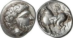 KELTEN MITTLERE UND UNTERE DONAU Nachahmungen der Tetradrachmen und Teilstücke Philipps II. Objekt-Nr.: 13 Baumreiter, Tetradrachme, (14,26 g.), Vs.: Zeuskopf n. r. Rs.: Reiter mit langem Helmschweif 
