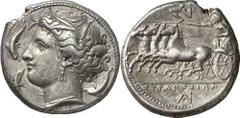 GRIECHEN SIZILIEN SYRAKUS Objekt-Nr.: 70 Agathokles, 317 - 289 v. Chr. Tetradrachme (17,08 g.), 2. Periode, 310 - 305 v. Chr. Vs.: Kopf der Arethusa n. l., darum drei Delphine. Unten AI. Rs.: Quadriga