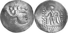 KELTEN MITTLERE UND UNTERE DONAU Nachahmungen der Tetradrachmen von Thasos Objekt-Nr.: 1065 Klasse IV: Rippenlegende Tetradrachme, (16,13 g.), Vs.: Stark abstrahierter Kopf des Dionysos n. r. Rs.: Sti