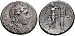 GRIECHEN SIZILIEN. SYRAKUS. Agathokles, 317 - 289 v.Chr. Tetradrachme (17,06g). 3. Periode, 305 - 295 v. Chr. Vs.: KORAS, Kopf der Kore n. r. Rs.: AGAQOKLEIOS, Nike errichtet Tropaion, r. Triskeles, l