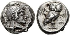 GRIECHEN ATTIKA. ATHEN. Tetradrachme (17,35g). Ca. 500/490 - 485/480 v. Chr. Vs.: Kopf der Athena im attischen Helm n. r. Rs.: AQE, Eule im Quadratum incusum n. r. stehend, dahinter Olivenzweig. Svoro