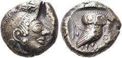 GRIECHEN ATTIKA. ATHEN. Tetradrachme (17,34g). Um 500/490 - 485/480 v. Chr. Vs.: Kopf der Athena mit attischem Helm n. r. Rs.: AQE, Eule und Olivenzweig im Quadratum incusum. Seltman Gruppe E und F; H