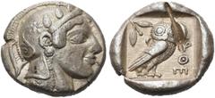 GRIECHEN ATTIKA. ATHEN. Tetradrachme (17,16g). 465 - 460 v. Chr. Vs.: Kopf der Athena mit verziertem, bekränztem, attischem Helm n. r. Rs.: AQE, Eule n. r. stehend, Kopf in Vorderansicht, im Feld l. o